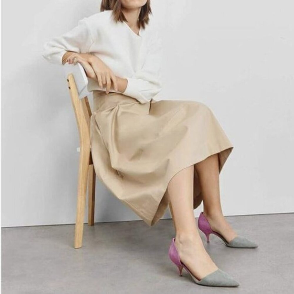 FOWT Grey Fuchsia Pointed Toe Kitten Heel Pumps Slip On Two Toned D'Orsay Shoes